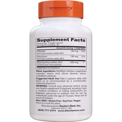  Doctors Best Vegan Glucosamine Sulfate, Joint Support, Non-GMO, Vegan, Gluten Free, Soy Free, 750 mg 180 Veggie Caps