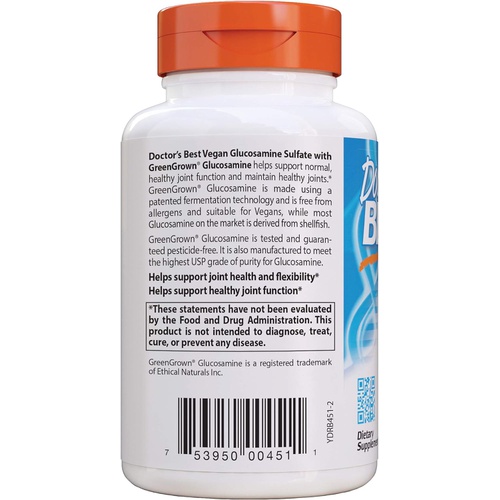  Doctors Best Vegan Glucosamine Sulfate, Joint Support, Non-GMO, Vegan, Gluten Free, Soy Free, 750 mg 180 Veggie Caps