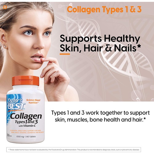  Doctors Best Collagen Types 1 & 3 with Peptan, Non-GMO, Gluten Free, Soy Free, Supports Hair, Skin, Nails, Tendons & Bones, 1000 Mg, 540 Tablets