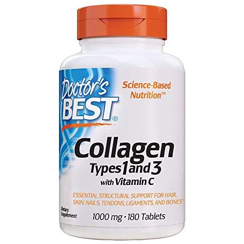  Doctors Best Collagen Types 1 and 3 with Peptan, Non-GMO, Gluten Free, Soy Free, Supports Hair, Skin, Nails, Tendons and Bones, 1000 mg, 180 Tablets