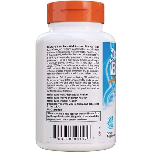  Doctors Best Pure Wild Alaskan Fish Oil with AlaskOmega, Heart, Brain, Mental Wellbeing, Eyes, Non-GMO, Gluten Free, 180 Marine Softgels