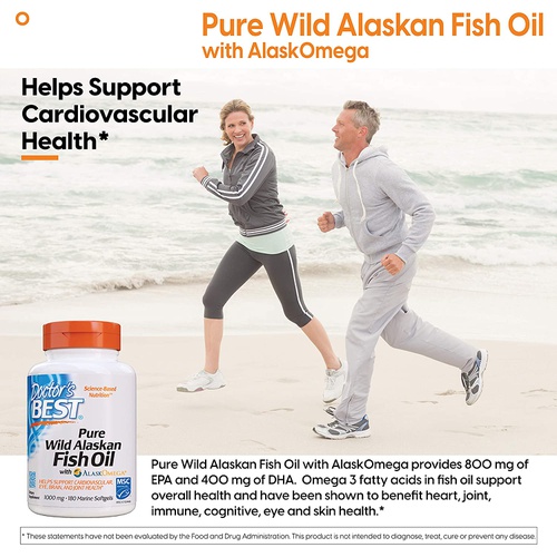  Doctors Best Pure Wild Alaskan Fish Oil with AlaskOmega, Heart, Brain, Mental Wellbeing, Eyes, Non-GMO, Gluten Free, 180 Marine Softgels