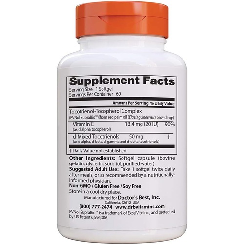  Doctors Best Tocotrienols contains EVNol SupraBio Full Spectrum Vitamin E Complex, 60 Count