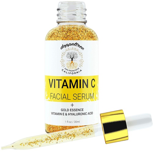  Doppeltree Organic Vitamin C Face Serum with 24K Gold Flakes, Hyaluronic Acid, Vitamin E - Vit C Facial Serum - Acne Scar Treatment, Dark Spot Corrector, Anti Aging & Brightening - Formulated