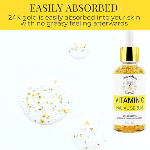  Doppeltree Organic Vitamin C Face Serum with 24K Gold Flakes, Hyaluronic Acid, Vitamin E - Vit C Facial Serum - Acne Scar Treatment, Dark Spot Corrector, Anti Aging & Brightening - Formulated