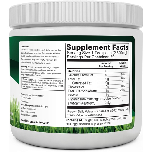  Dr. Berg Nutritionals Dr. Bergs Wheatgrass Superfood Powder - Raw Juice Organic Ultra-Concentrated Rich in Vitamins and Nutrients - Chlorophyll and Trace Minerals - 60 Servings - Gluten-Free Non-GMO - 5