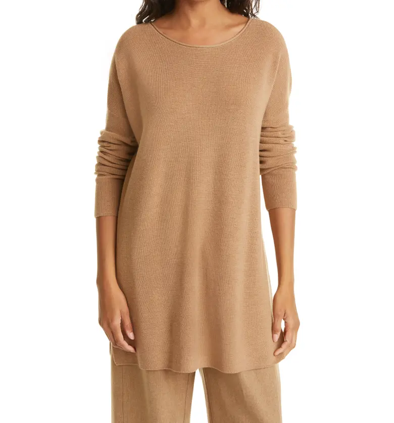 Eileen Fisher Bateau Neck Merino Wool Tunic Sweater_HONEY