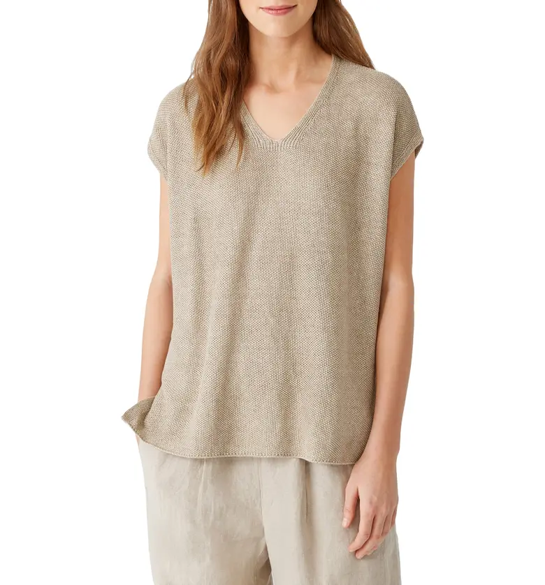 Eileen Fisher Cap Sleeve Organic Linen Tunic Sweater_KHAKI