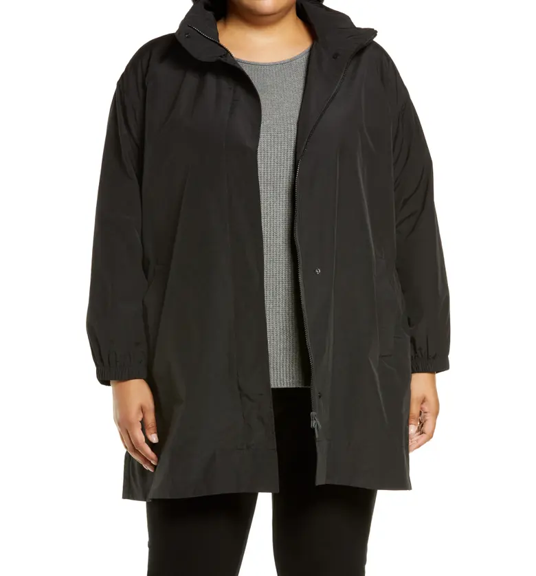 Eileen Fisher Stand Collar Organic Cotton Blend Coat with Hidden Hood_BLACK