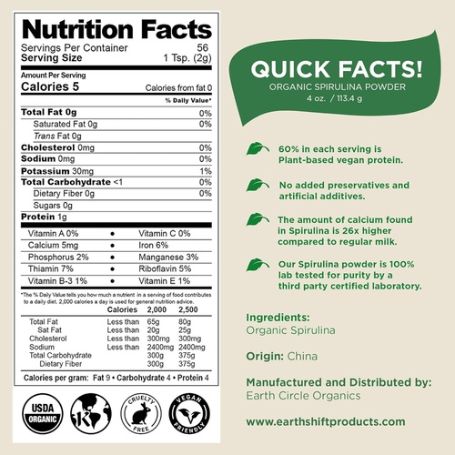  Earth Circle Organics Organic Spirulina Powder, Kosher, Raw and Non-Irradiated Pure Vegan Protein Premium Superfood, High in Amino Acids and Antioxidants