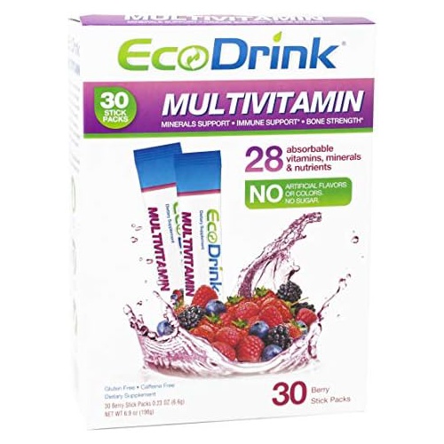  EcoDrink Multivitamin Energy Powder Drink Mix - Electrolytes Antioxidants Nutrients - Sugar and Caffeine Free - Berry Flavor Powder, 30 Packets