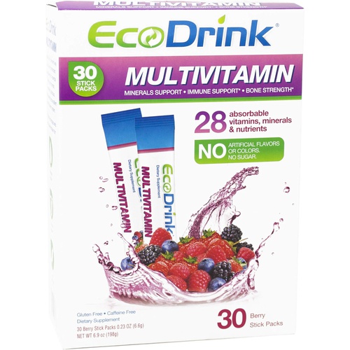  EcoDrink Multivitamin Energy Powder Drink Mix - Electrolytes Antioxidants Nutrients - Sugar and Caffeine Free - Berry Flavor Powder, 30 Packets