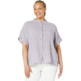 Eileen Fisher Mandarin Collar Short Sleeve Shirt in Puckered Organic Linen