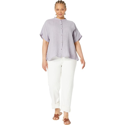  Eileen Fisher Mandarin Collar Short Sleeve Shirt in Puckered Organic Linen