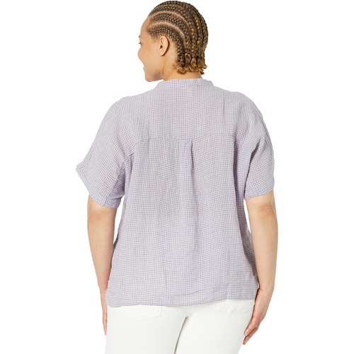  Eileen Fisher Mandarin Collar Short Sleeve Shirt in Puckered Organic Linen