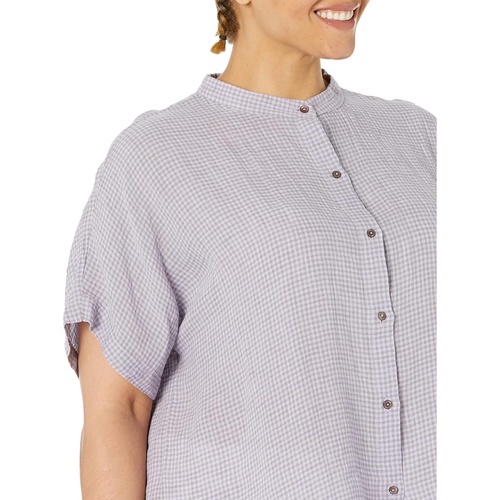  Eileen Fisher Mandarin Collar Short Sleeve Shirt in Puckered Organic Linen