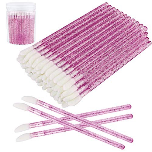  Elcoho 200 Pieces Glitter Crystal Lip Brush Disposable Lip Brushes Lip Gloss Applicators with Plastic Round Box Makeup Tool Kits (Purple)