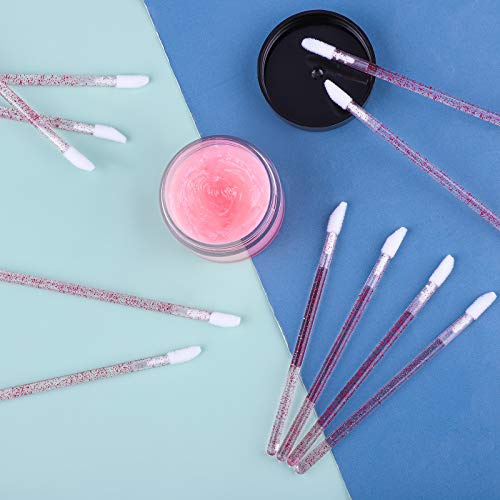  Elcoho 200 Pieces Glitter Crystal Lip Brush Disposable Lip Brushes Lip Gloss Applicators with Plastic Round Box Makeup Tool Kits (Hot Pink)