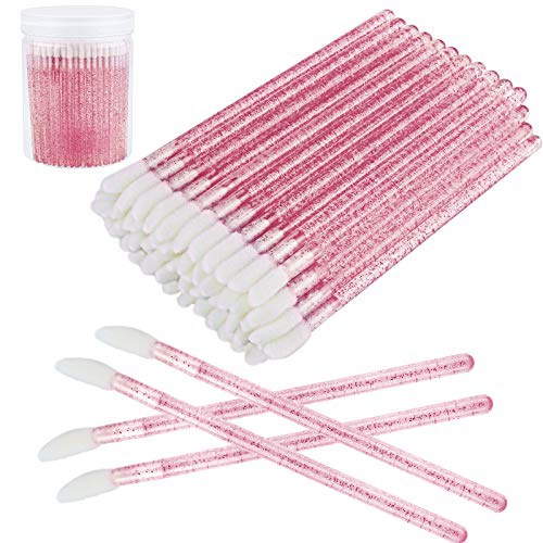  Elcoho 200 Pieces Glitter Crystal Lip Brush Disposable Lip Brushes Lip Gloss Applicators with Plastic Round Box Makeup Tool Kits (Hot Pink)