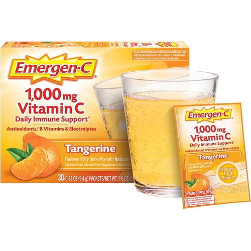  Emergen-C 1000mg Vitamin C Powder, with Antioxidants, B Vitamins and Electrolytes, Vitamin C Supplements for Immune Support, Caffeine Free Fizzy Drink Mix, Tangerine Flavor - 30 Co