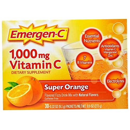  Emergen-C (30 Count, Super Orange Flavor, 1 Month Supply) Dietary Supplement Fizzy Drink Mix with 1000mg Vitamin C, 0.32 Ounce Packets, Caffeine Free