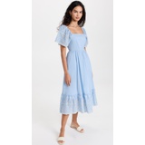 English Factory Embroidered Midi Dress with Scalloped Hem