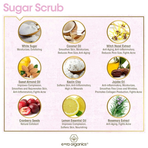  Era Organics Sugar Scrub Body Exfoliator - Spa Quality Sulfate Free Body Scrub with Food Grade Ingredients to Nourish, Moisturize & Rejuvenate Dull Dry Skin - No Harsh Chemicals, P