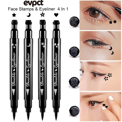  Evpct 4 in 1 Flowers Heart Moon Star Shapes Face Stamps Eyeliner Set,Double-sided Liquid Stamp Eyeliner Pen Set, Black Eyeliner Sets for Women Waterproof Extremely Slim Gel Felt Tip High