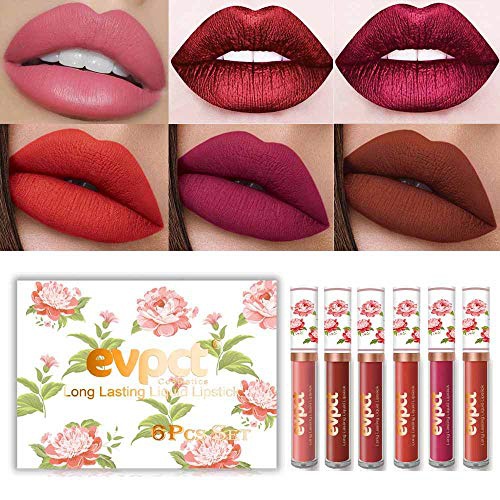  Evpct 6Pcs/Set Lip Liner and Lipstick Set Kit, Double Color Head Matte Lipstick 24H & Lip Liner 2 in 1 Set Waterproof Long Lasting Lipstick 24 All Day Mini Lipstick Gift Set Dark Red Mat