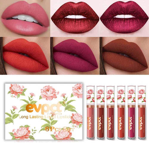  Evpct 6Pcs/Set Lip Liner and Lipstick Set Kit, Double Color Head Matte Lipstick 24H & Lip Liner 2 in 1 Set Waterproof Long Lasting Lipstick 24 All Day Mini Lipstick Gift Set Dark Red Mat