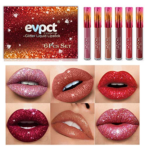  Evpct Glitter Lipstick, Matte Glitter Liquid Set 6 Colors Diamond Shimmer Metallic Lipgloss Long Lasting Pigmented Waterproof Shiny Lip Gloss Non-stick Cup Makeup Gift for Girl and Women