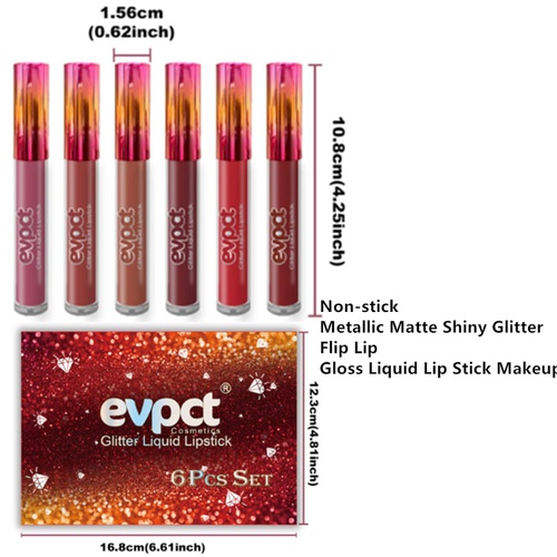  Evpct Glitter Lipstick, Matte Glitter Liquid Set 6 Colors Diamond Shimmer Metallic Lipgloss Long Lasting Pigmented Waterproof Shiny Lip Gloss Non-stick Cup Makeup Gift for Girl and Women