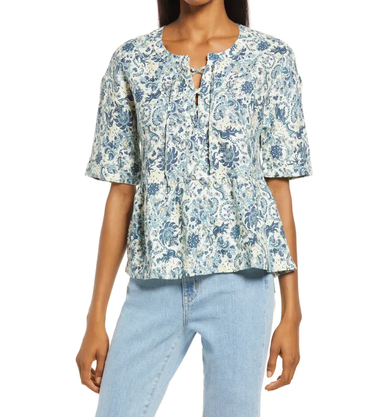 Faherty Salinas Floral Lace-Up Linen Top_BLUE AVIARY