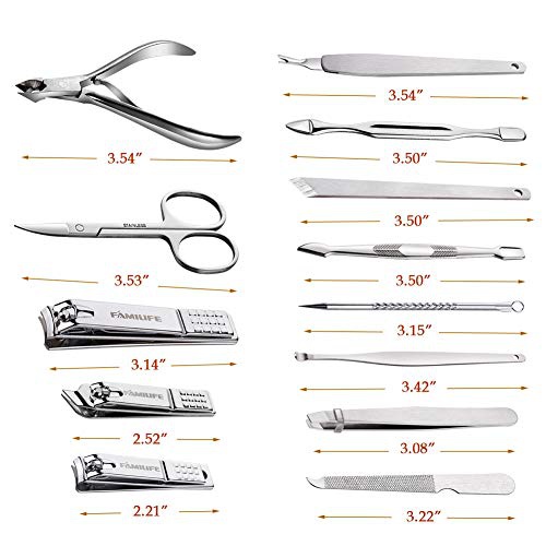  FAMILIFE F03 Manicure Set, Pedicure Kit Nail Clipper Set 13pcs Professional Men Grooming Kit Stainless Steel Portable Travel Nail Kit Women