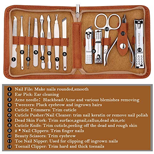  FAMILIFE F03 Manicure Set, Pedicure Kit Nail Clipper Set 13pcs Professional Men Grooming Kit Stainless Steel Portable Travel Nail Kit Women