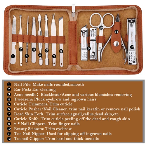  FAMILIFE F03 Manicure Set, Pedicure Kit Nail Clipper Set 13pcs Professional Men Grooming Kit Stainless Steel Portable Travel Nail Kit Women