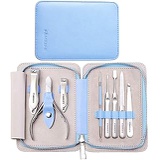Manicure Set, FAMILIFE L17 Professional Manicure Kit Nail Clippers Set 8 in 1 Stainless Steel Pedicure Tools Kit Grooming Kit with Portable Blue Leather Travel Case for Women Girl