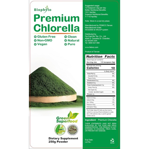  FEBICO Biophyto Chlorella Powder 250g - Patented Cracked Cell Wall - Non GMO, Vegan, Rich in Protein, Best Green Superfood, No Additives- 100% Pure Nature - Detox - High Dietary Fiber - N