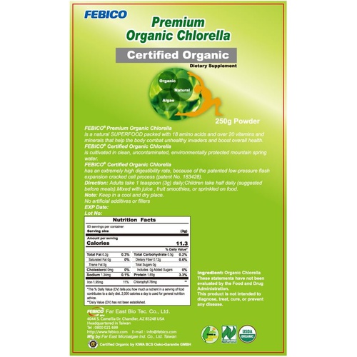  Pure Organic Chlorella Powder - 250 Grams, 83 Days Supply -USDA, Naturland and Halal Certified -Protein, Vitamin, Vegan, Non-GMOs, Green Superfoods by FEBICO