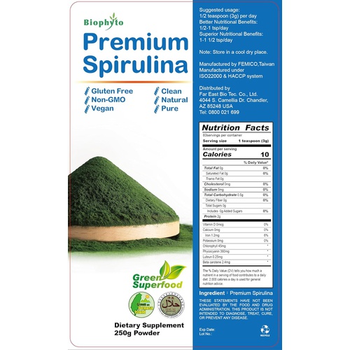  FEBICO Biophyto Spirulina Powder 250g -Enriched Vitamins & Minerals- B12 Complex, Phycocyanin-Green Superfood-Vegan-Non GMO-Gluten Free-Non-Irradiated, Boosts Energy and Supports Immunity