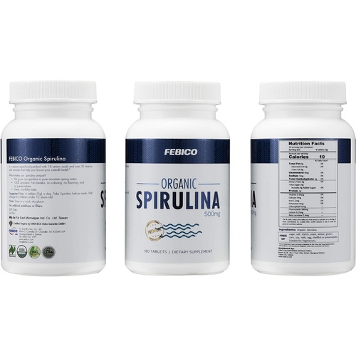  FEBICO Organic Spirulina Tablets- 500mg 180 Counts -Vegan, 100% Pure, Enriched Vitamin B12 Complex, Phycocyanin, Non-GMO, Gluten Free & Non-Irradiated, USDA, Naturland, Halal Certi