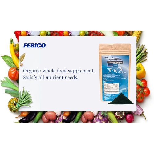  FEBICO Organic Spirulina Powder, Natural Multivitamin, Phycocyanin, Protein, Vitamin B Complex, GLA, Green Superfoods, No GMOs, USDA, Naturland and Halal Certified, 250 Grams for 8