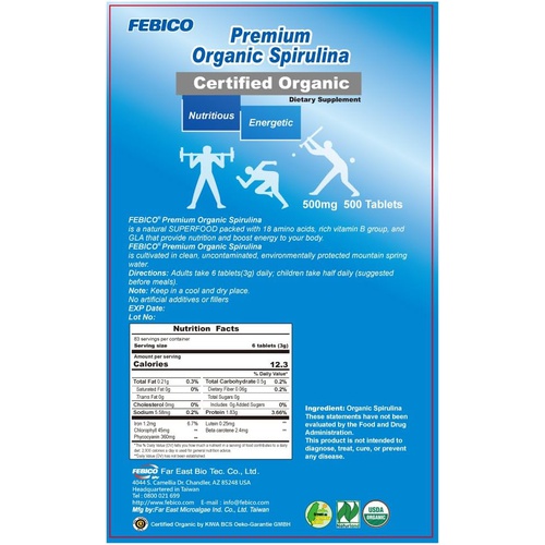  Febico Organic Spirulina Tablets- 250 Grams, 83 Days Supply- Natural Multivitamin, Protein, Phycocyanin, Vitamin B Complex, GLA, Vegan, Superfood, Non-GMO, USDA, Naturland and Hala