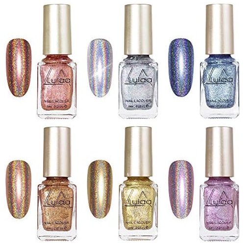  Freeorr 6 Colors Holographic Chameleon Nail Polish Set, Iridescent Gorgeous Glossy Glitter Diamond Laser Chrome Nail Pigment-6ml（A）