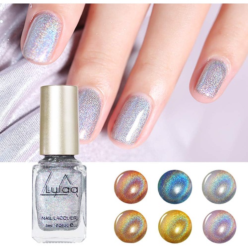  Freeorr 6 Colors Holographic Chameleon Nail Polish Set, Iridescent Gorgeous Glossy Glitter Diamond Laser Chrome Nail Pigment-6ml（A）