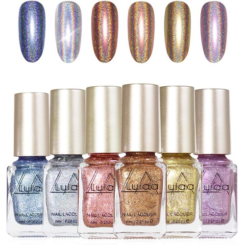  Freeorr 6 Colors Holographic Chameleon Nail Polish Set, Iridescent Gorgeous Glossy Glitter Diamond Laser Chrome Nail Pigment-6ml（A）