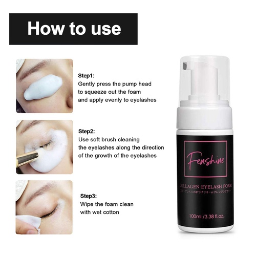  Fenshine Eyelash Extension Shampoo + Brush / 100ml / Eyelid Foaming Cleanser/Wash for Extensions and Natural Lashes/Paraben & Sulfate Free Safe Makeup & Mascara Remover/Professional