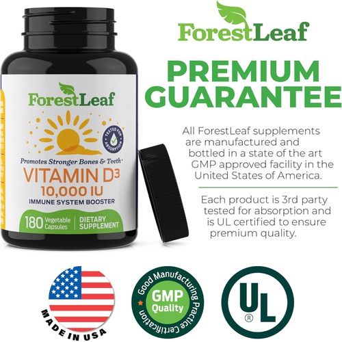  ForestLeaf - Vitamin D3 10,000 IU Supplement - Vegetable Vitamin D Capsules for Bones, Teeth, and Immune Support - Easy Swallow Pure Vitamin D3 10000 (10,000 IU - 180 Count)