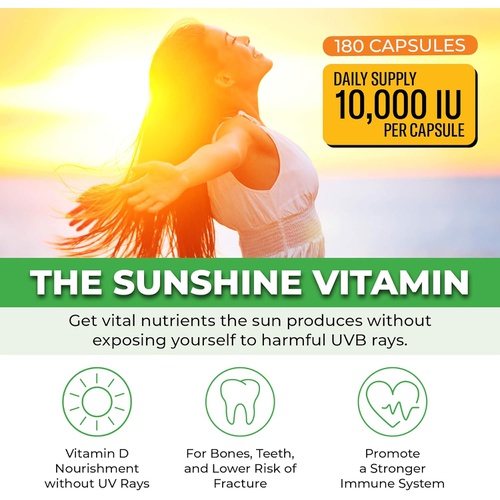  ForestLeaf - Vitamin D3 10,000 IU Supplement - Vegetable Vitamin D Capsules for Bones, Teeth, and Immune Support - Easy Swallow Pure Vitamin D3 10000 (10,000 IU - 180 Count)