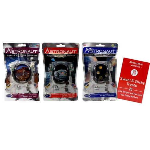  Freeze Dried Space Food Pack Astronaut Freeze-Dried Ice Cream Sandwich Space Food 3 Flavor Variety (1) each: Vanilla, Neapolitan, Cookies & Cream (1-1.3 Ounces) Plus Recipe Booklet Bundle